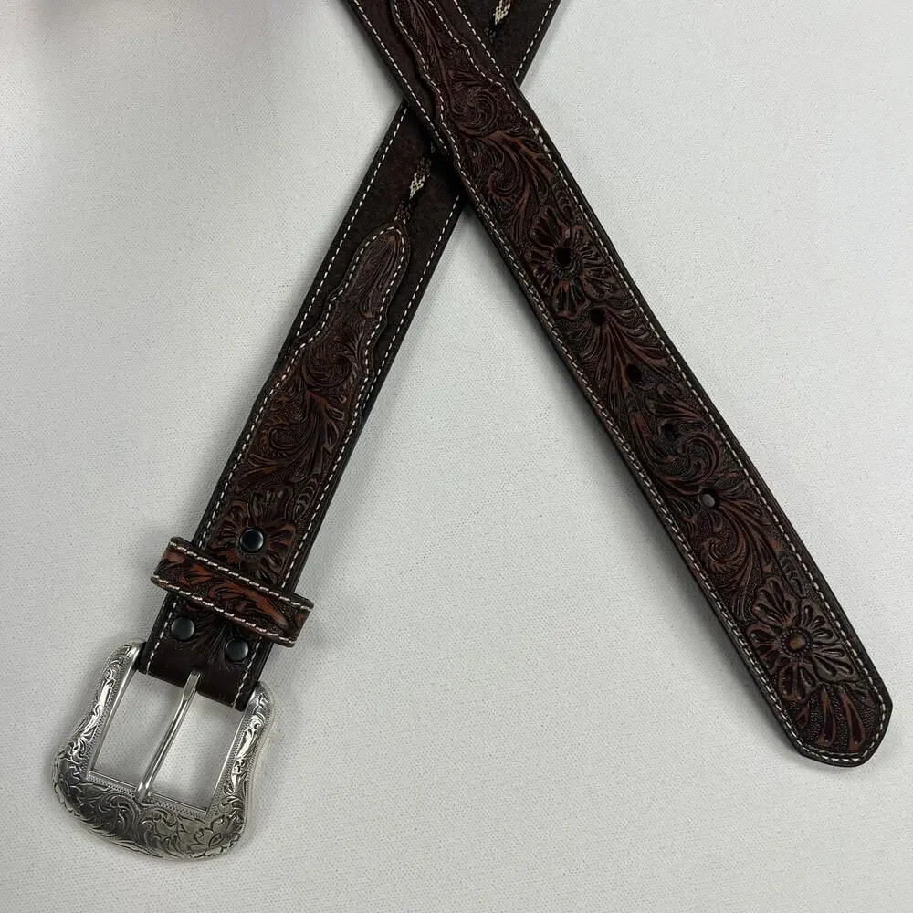 Ariat Tooled Leather Western Embroidered Belt Large Silver Buckle Size 44